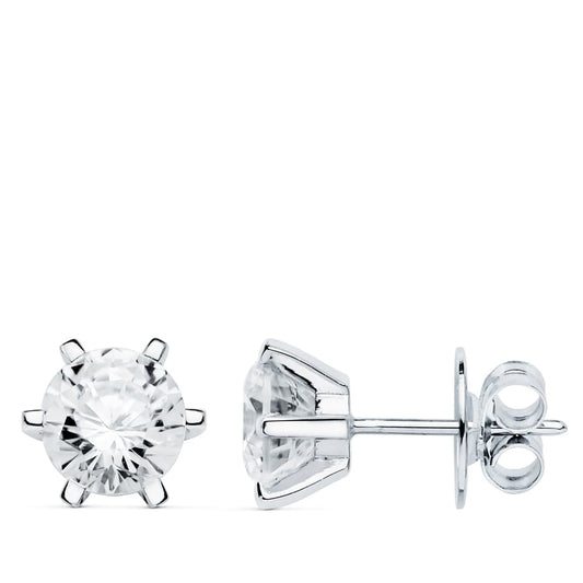 18K PENDIENTES ORO BLANCO 6 GARRAS CIRCONITA 8X8 CIERRE PRESION
