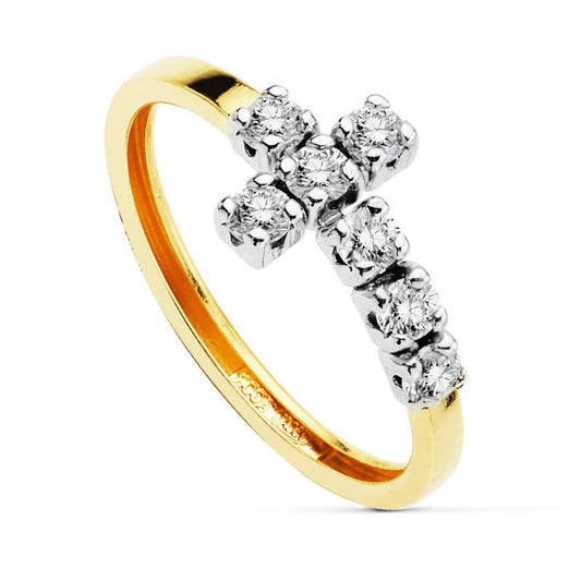 9K SORTIJA ORO BICOLOR CON CRUZ DE CIRCONITAS. ANCHO: 14 MM