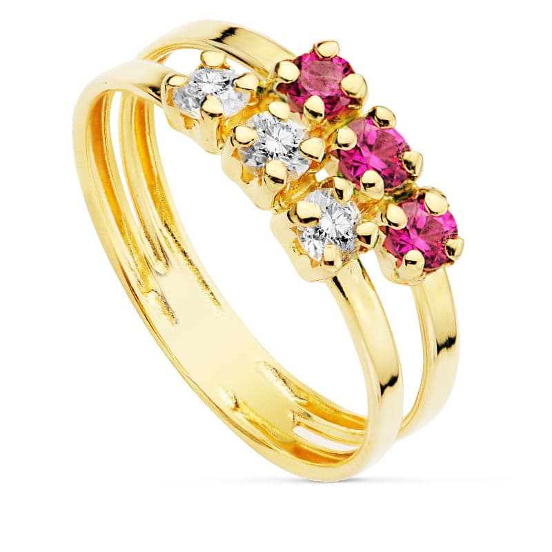Sortija Circonita Rojas y Blancas. Ancho: de oro amarillo 18K