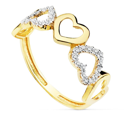 18K SORTIJA ORO BICOLOR CINCO CORAZONES LISOS Y CON CIRCONITAS. ANCHO: 7 MM C. AMOR