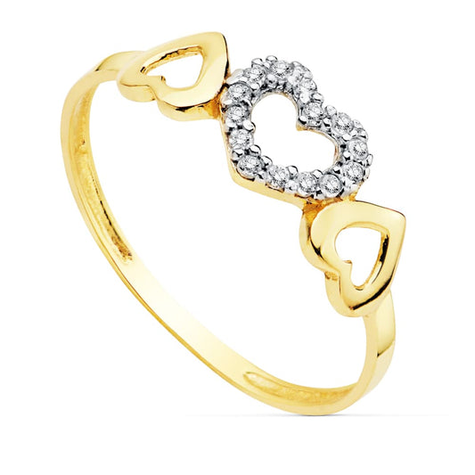 18K SORTIJA ORO BICOLOR CON TRES CORAZONES Y CIRCONITAS