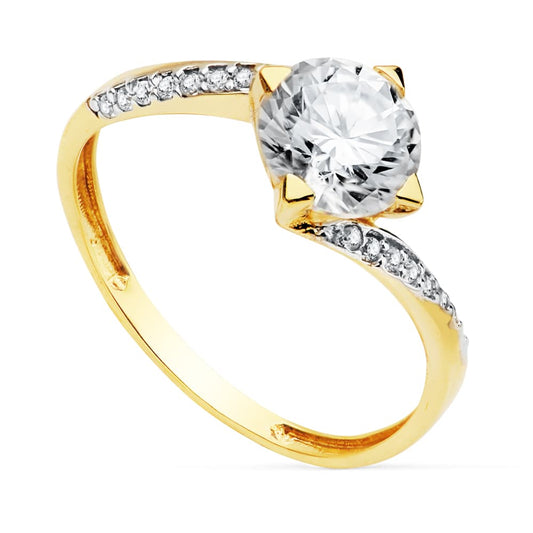 18K SOLITARIO ORO BICOLOR CON CIRCONITA Y 4 GARRAS CON CIRCONITA DE 7 MM