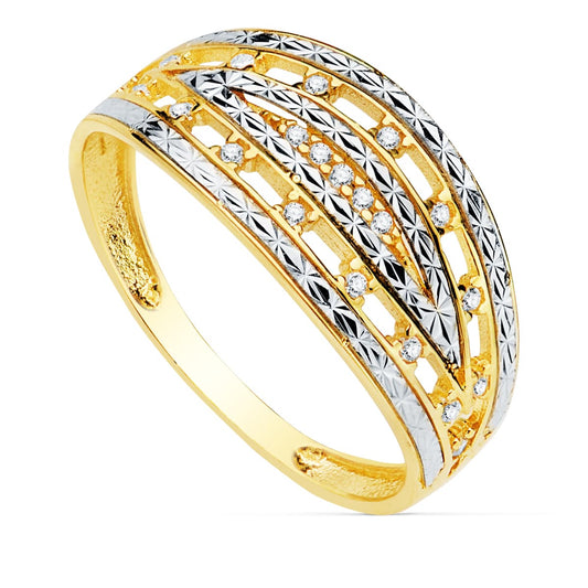 18K SORTIJA ORO BICOLOR TALLADA CIRCONITA ANCHO 9 MM