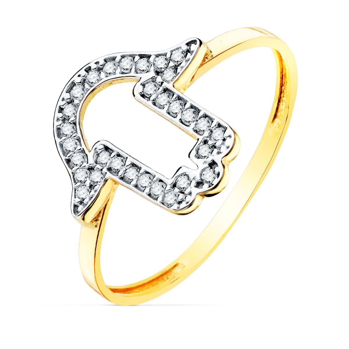 Sortija Mano de Fatima Circonita 13 x 13 mm Ancho Cuerpo 1,2 mm de oro amarillo 18K