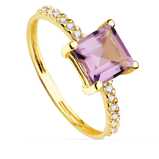 18K SORTIJA ORO AMARILLO CIRCONITA Y AMATISTA 6X6 MM ANCHO CUERPO 1.5 MM