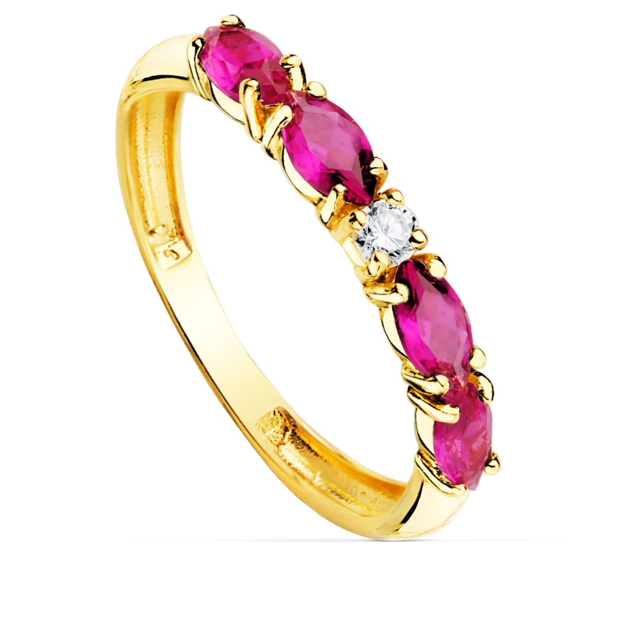 Sortija 4 Circonita Rojas Talla Marquise Ancho 2,5 mm de oro amarillo 18K