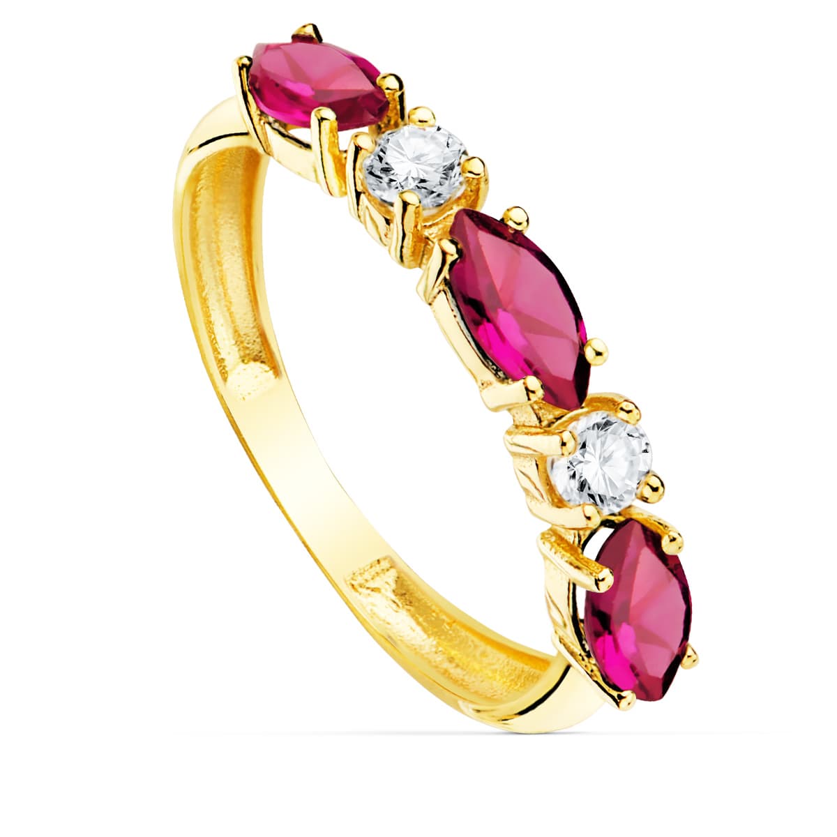 Sortija 3 Circonita Rojas Talla Marquise Ancho 3 mm de oro amarillo 18K