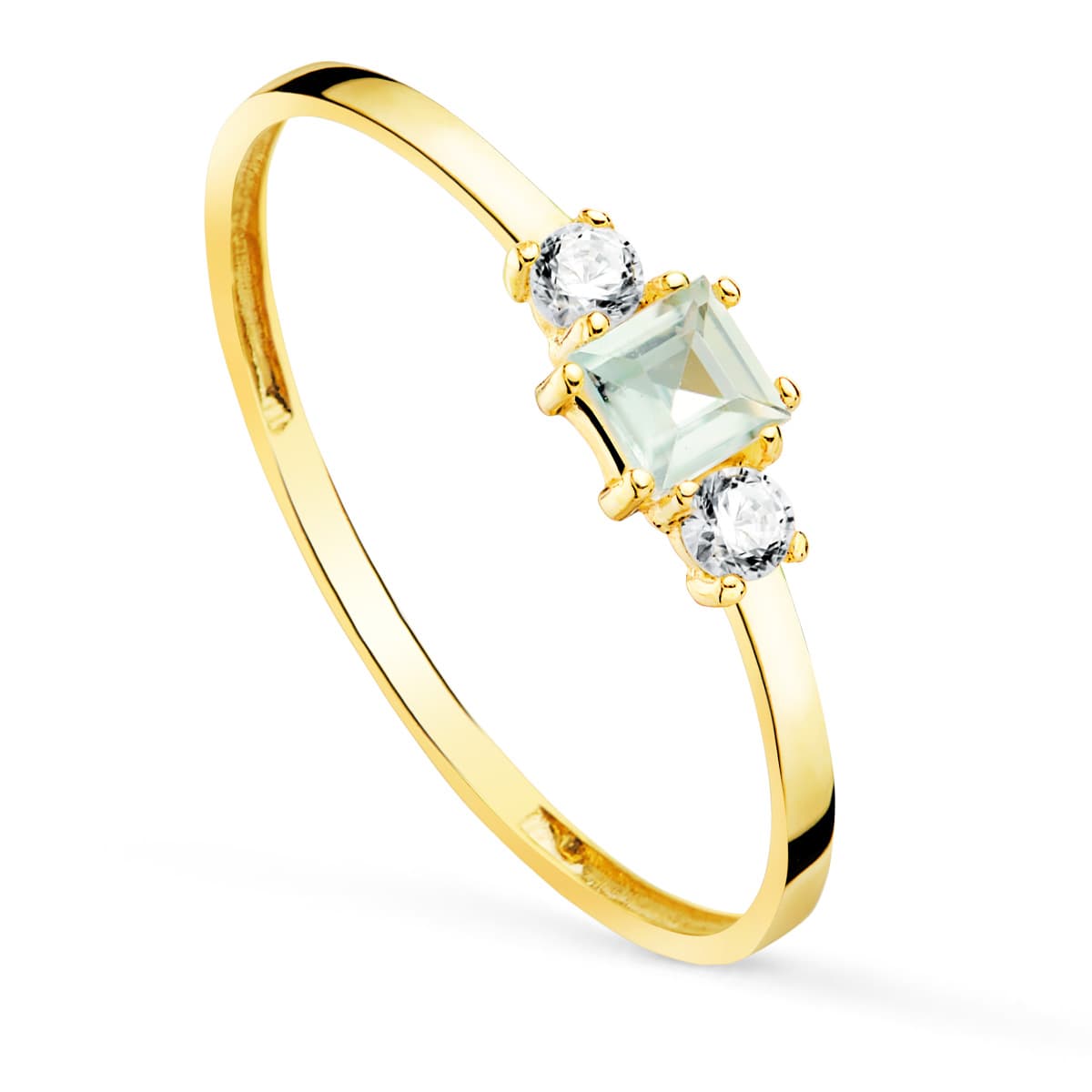 18K SORTIJA ORO AMARILLO PIEDRA AGUAMARINA Y CIRCONITA ANCHO CUERPO 1.5 MM