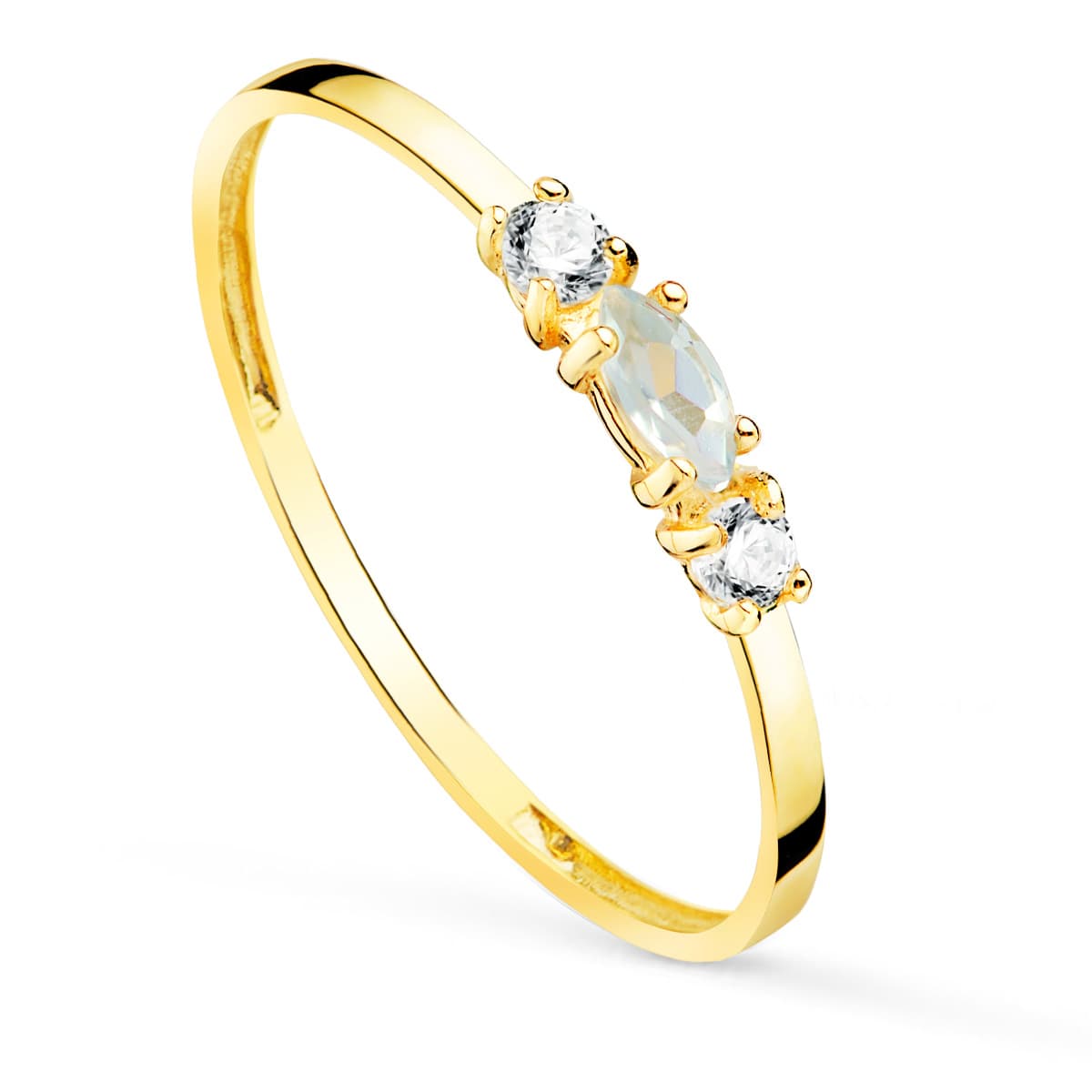 Sortija Piedra Aguamarina 4 x 2 mm y Circonita Ancho 1 mm de oro amarillo 18K