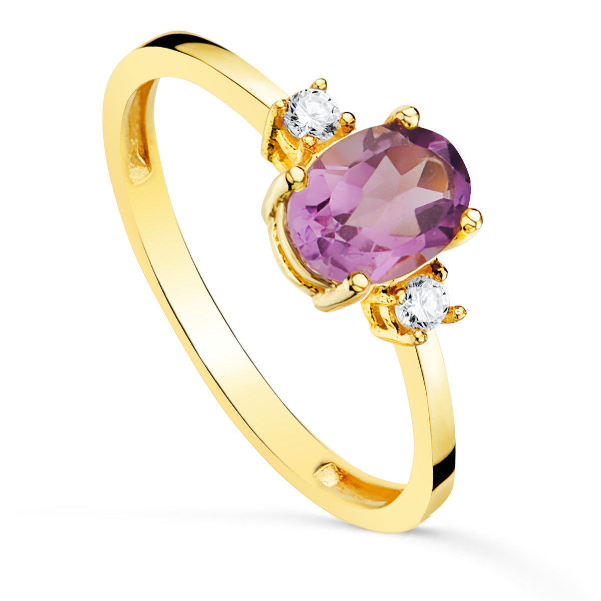 18K SORTIJA ORO AMARILLO PIEDRA AMATISTA 7 X 5MM Y CIRCONITA LATERALES