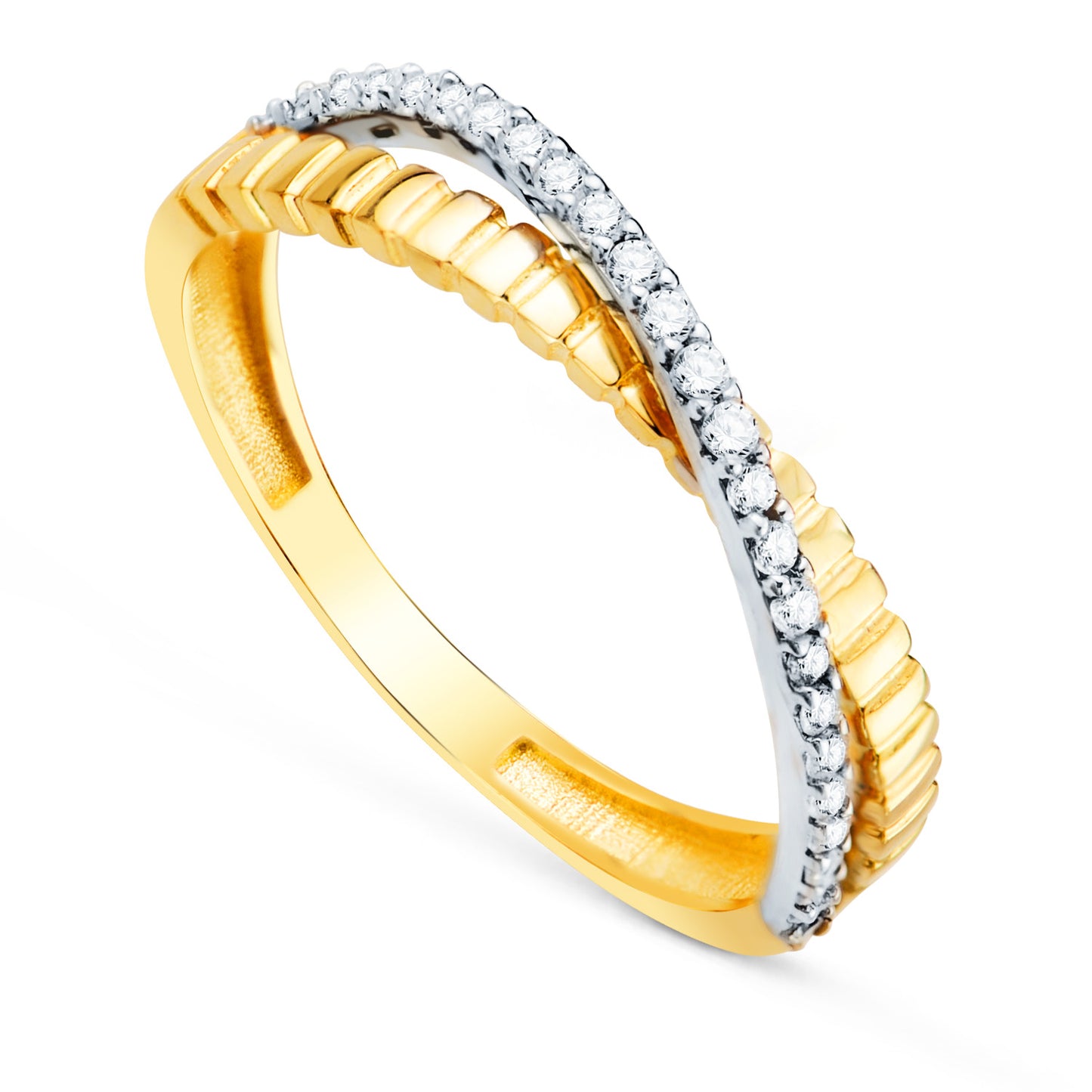18K SORTIJA ORO BICOLOR ESTRIADO BANDA CON CIRCONITAS. ANCHO: 3MM