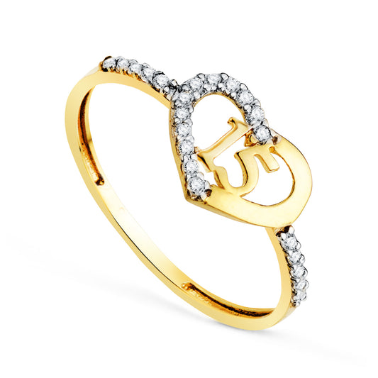 18K SORTIJA ORO BICOLOR CORAZON CON NUMERO 15 Y CIRCONITAS