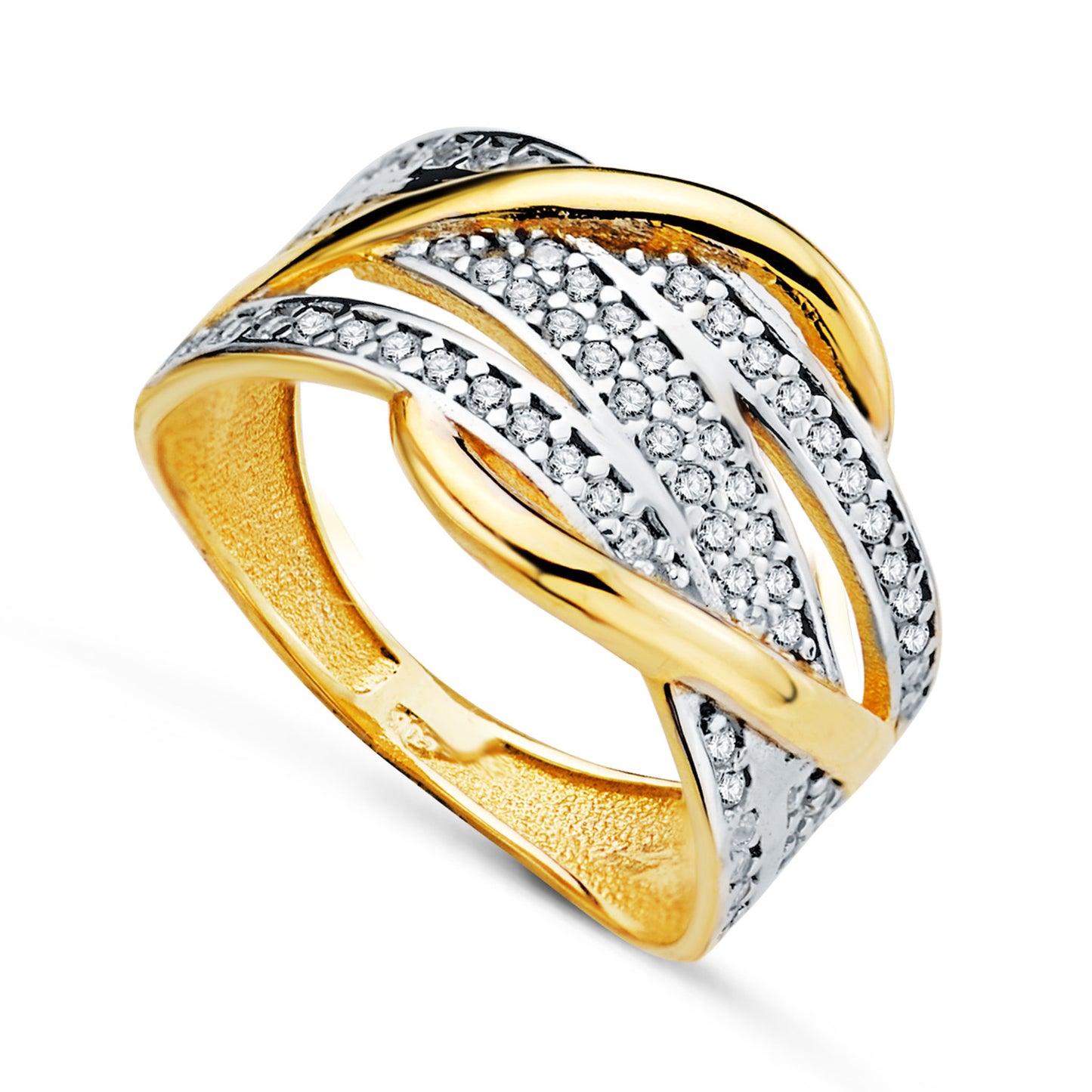 18K SORTIJA ORO BICOLOR BANDAS CON CIRCONITA Y DOS ONDAS. ANCHO: 12 MM