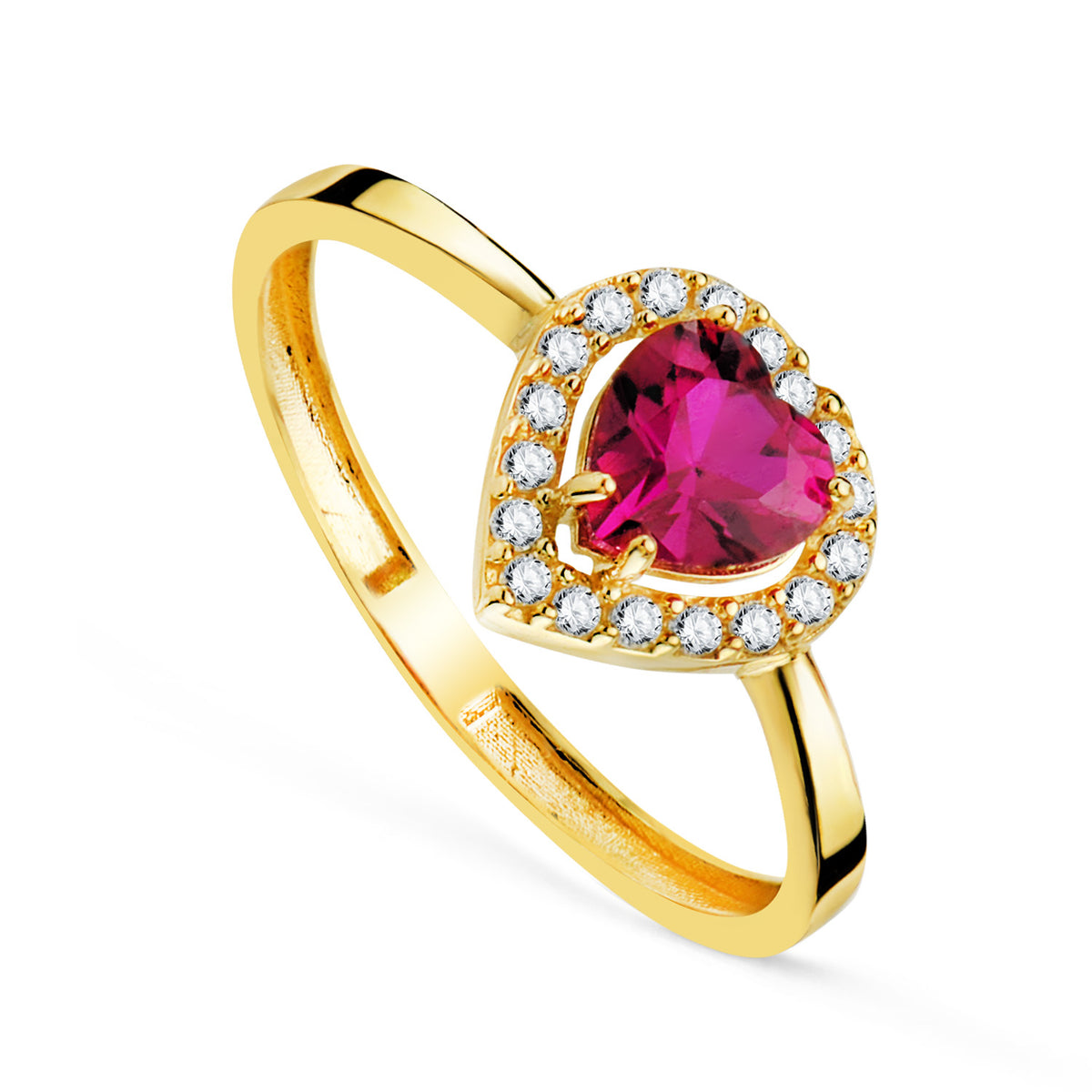 Sortija Corindon Reconstruido Corazon Rubí 5 x 5 mm con Circonitas. Ancho: 8 x 8 mm C. Amor de oro amarillo 18K