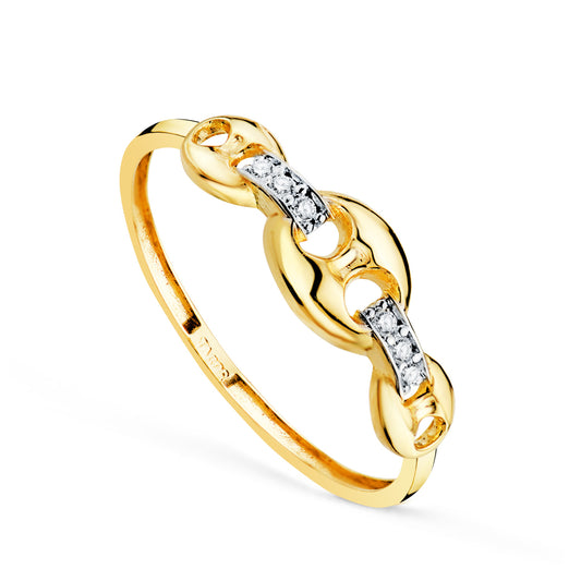 18K SORTIJA ORO BICOLOR CON ESLABONES NUDO DE BARCO Y CIRCONITAS. ANCHO: 5,4 MM