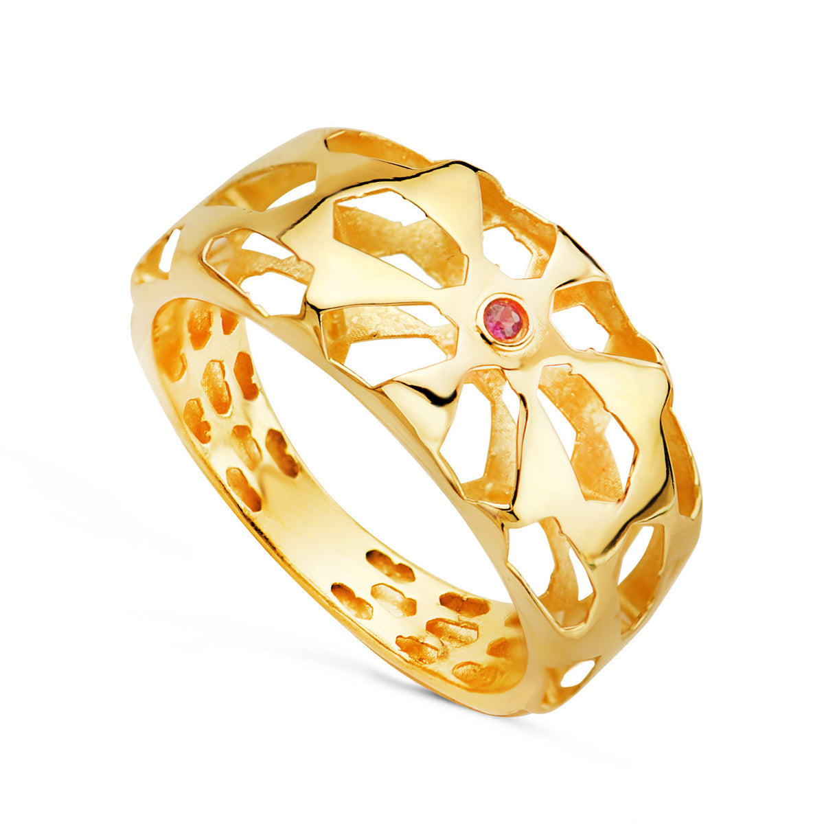 Sortija Filigrana Calada y Rubí Natural. Ancho: 10 mm de oro amarillo 18K