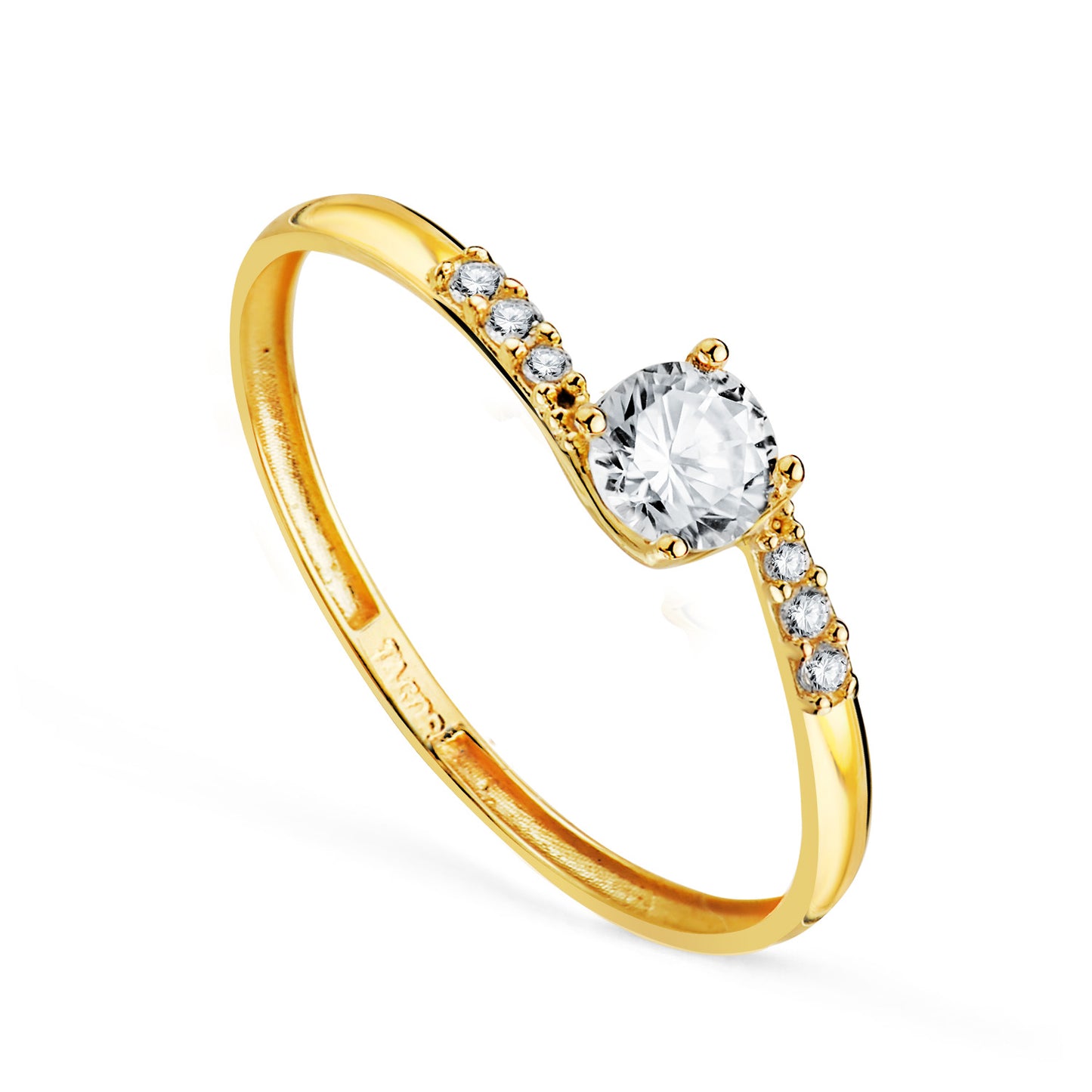 18K SOLITARIO ORO AMARILLO 4 GARRAS CON CIRCONITA CUERPO CRUZADO CON CIRCONITAS. MEDIDA CIRCONITA: 4 MM