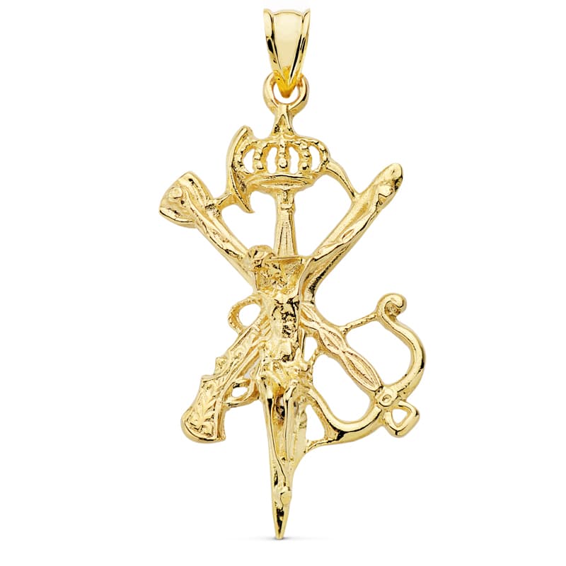 18K COLGANTE CRUZ CRISTO LEGION GRANDE CON CORONA ORO AMARILLO 45X30 MM