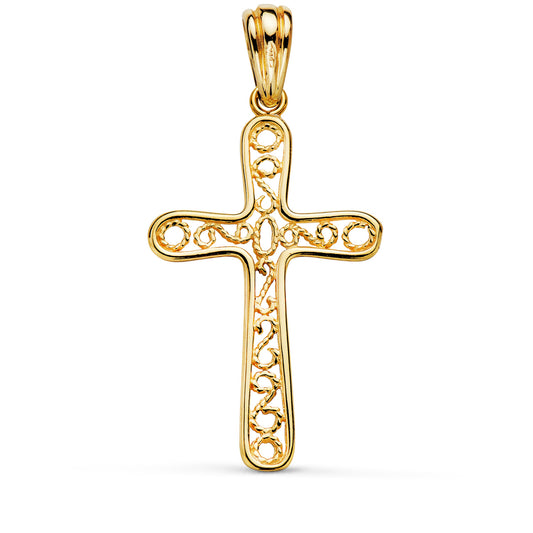 18K CRUZ ORO AMARILLO BORDE BRILLO Y FILIGRANA. MEDIDA: 37,5 X 22 MM