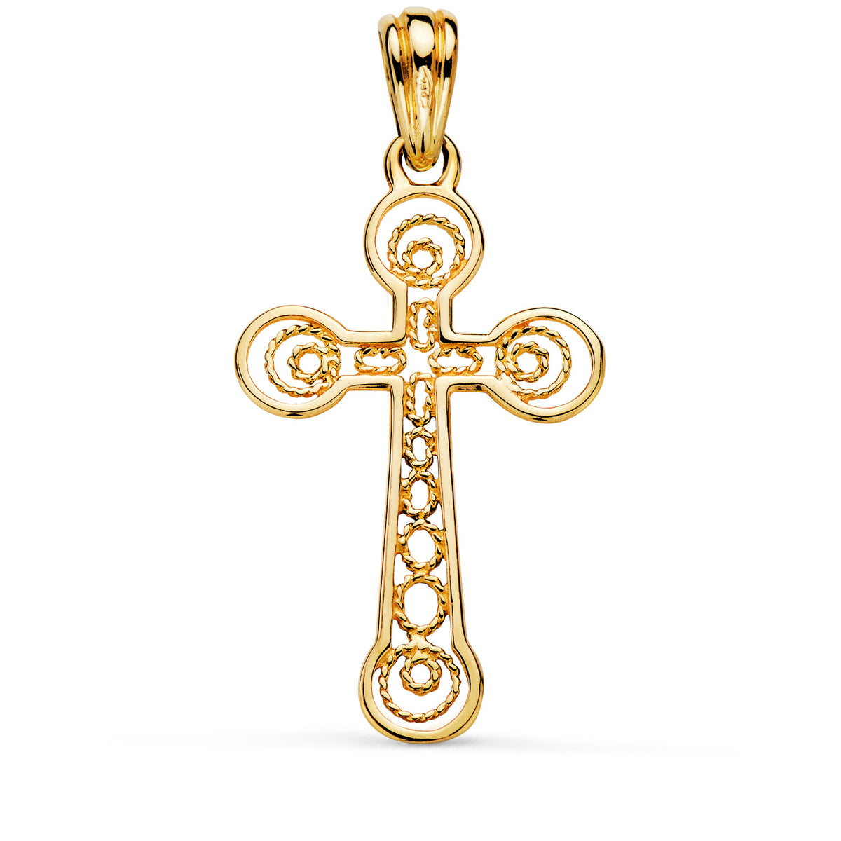 Cruz Borde Brillo y Filigrana. Medida: 37,5 x 22 mm de oro amarillo 18K