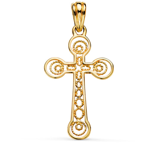 18K CRUZ ORO AMARILLO BORDE BRILLO Y FILIGRANA. MEDIDA: 37,5 X 22 MM