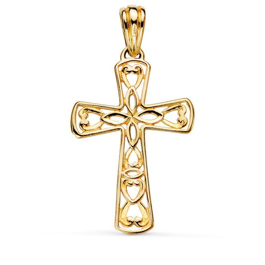 18K CRUZ ORO AMARILLO DETALLES FILIGRANA EN BRILLO. MEDIDA: 35 X 23 MM