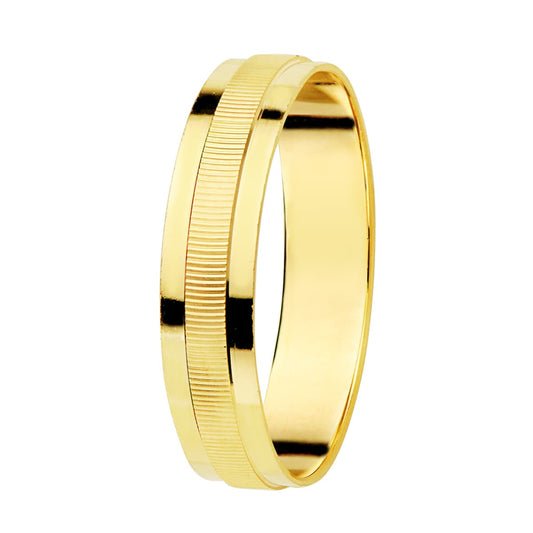 18K ALIANZA ORO AMARILLO FILA CENTRAL ESTRIADA Y BORDES BRILLO. ANCHO: 4 MM