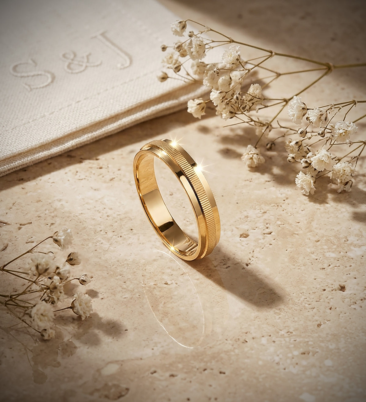 Alianza Fila Central Estriada y Bordes Brillo. Ancho: 4 mm de oro amarillo 18K