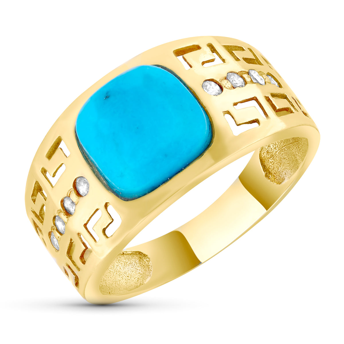 Sortija Greca Calada y Turquesa Fina. Ancho: 10,5 mm de oro amarillo 18K