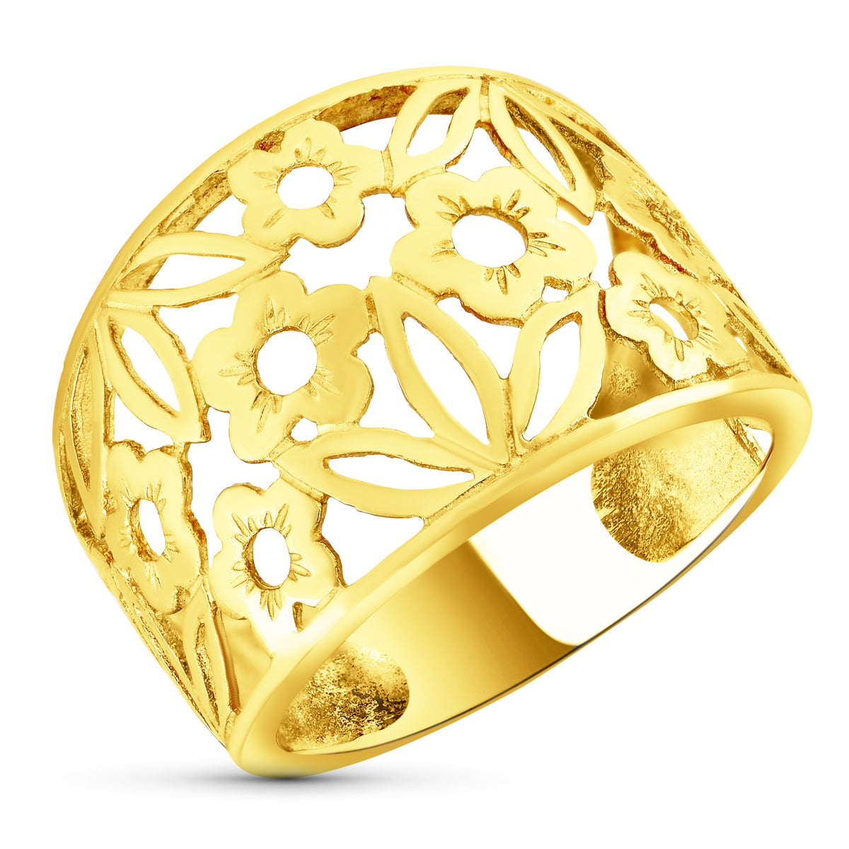 18K SORTIJA ORO AMARILLO FLORES CALADAS EN BRILLO. ANCHO: 16,5 MM