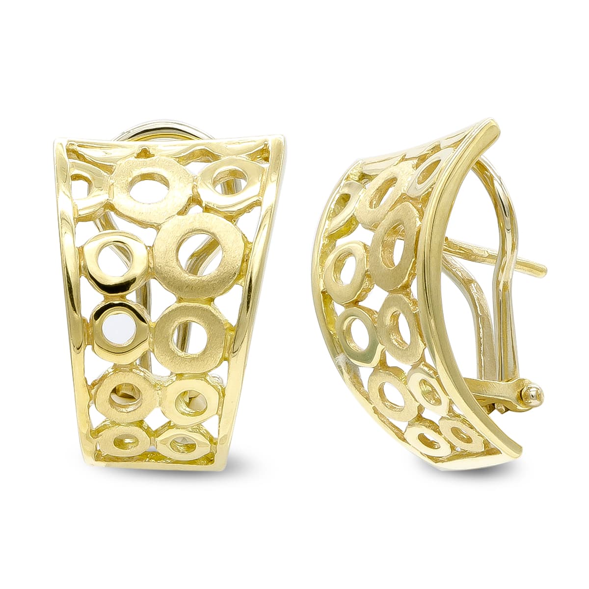 18K PENDIENTES ORO AMARILLO CIRCULOS CALADOS CIERRE OMEGA