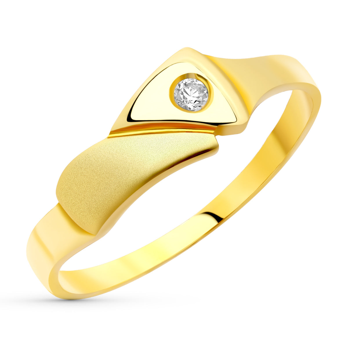Sortija Motivo Mate y Briilo con Circonita. Ancho: 5,5 mm de oro amarillo 18K