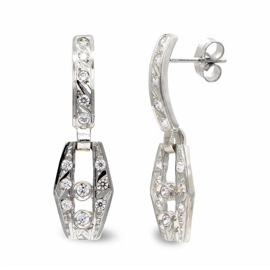 Pendientes Largos Circonita 24 x 7 mm de oro blanco 18K