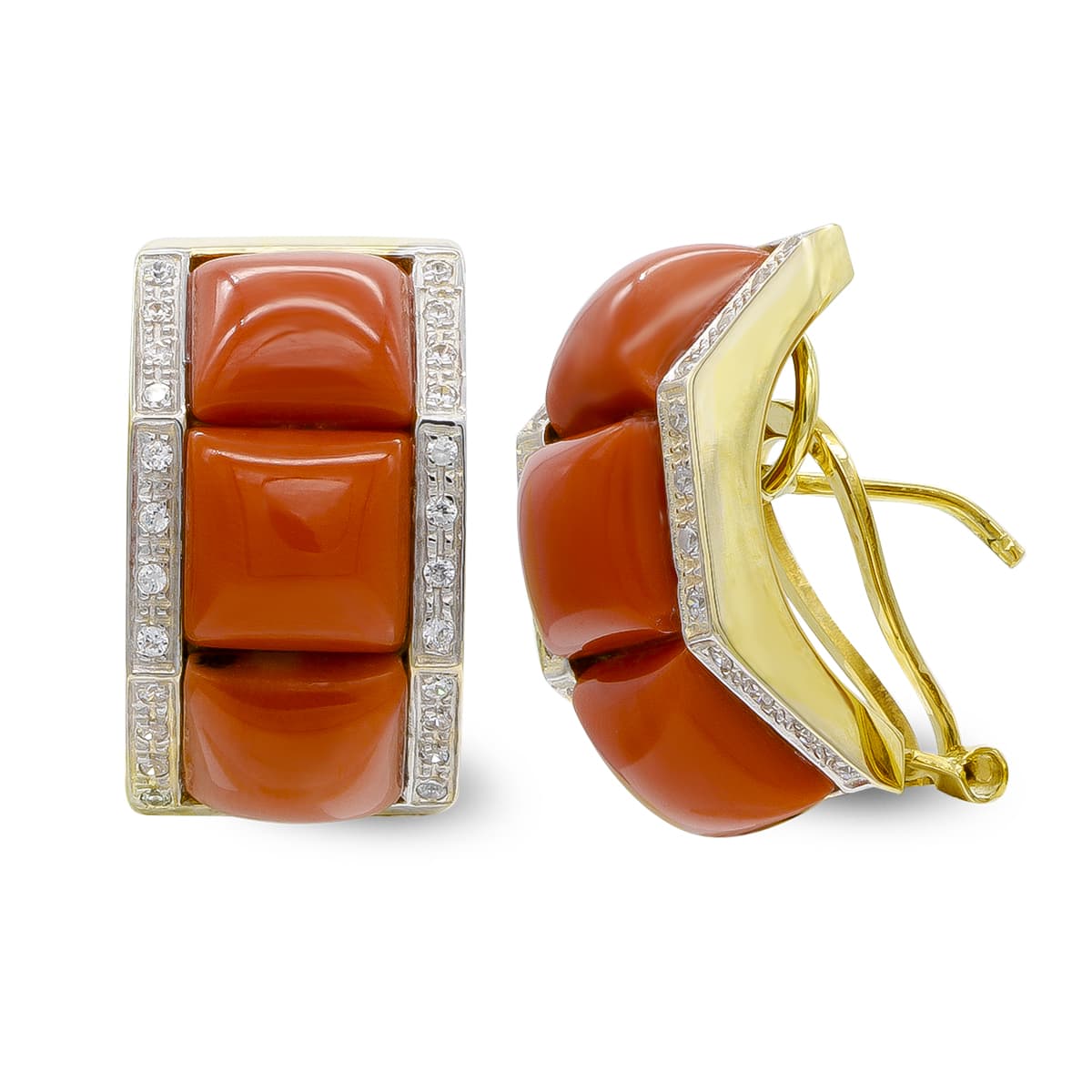 Pendientes Coral Fino Cerdeña y Circonita de oro amarillo 18K