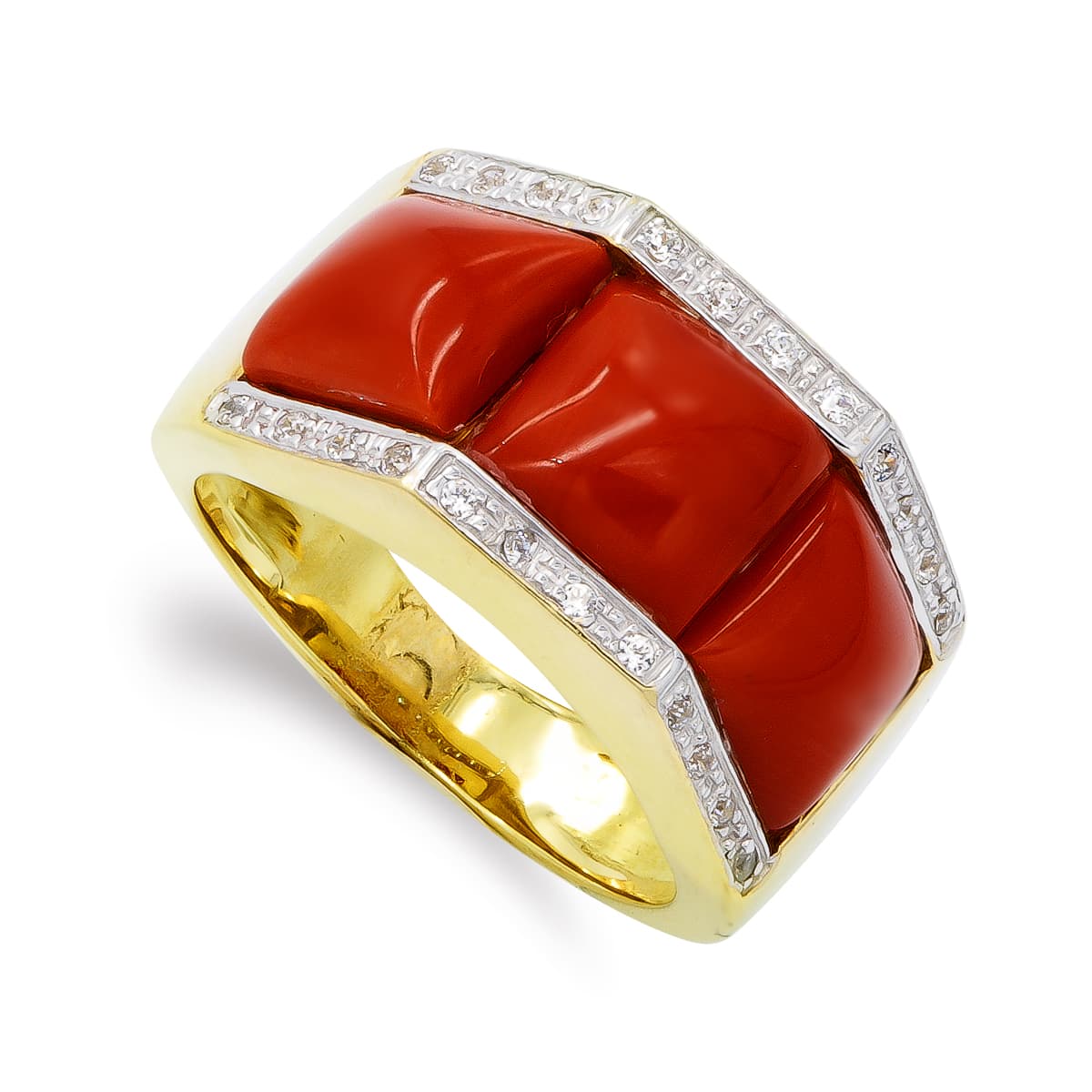 Sortija Coral Fino Cerdeña 8 x 8 mm y Circonitas. Ancho: 12 mm de oro amarillo 18K