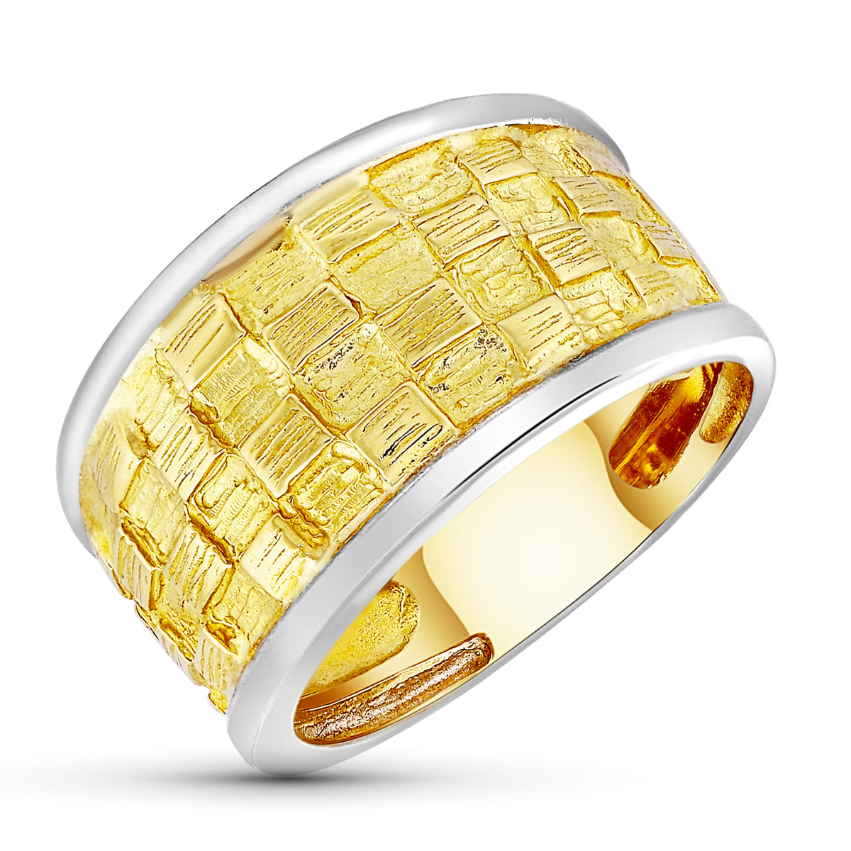 18K SORTIJA ORO BICOLOR TALLADA CON CUADRADOS. ANCHO: 12 MM