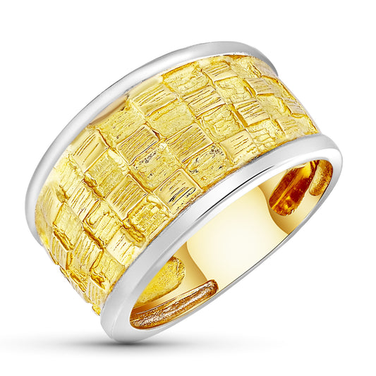 18K SORTIJA ORO BICOLOR TALLADA CON CUADRADOS. ANCHO: 12 MM