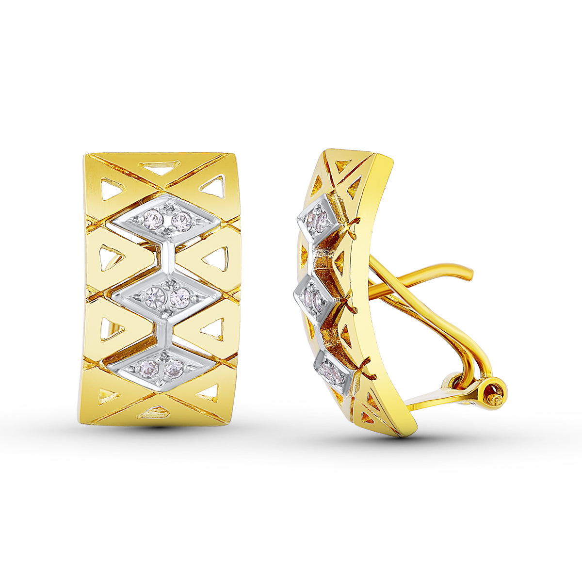 18K PENDIENTES BICOLOR ROMBOS 19X10 MM CIERRE OMEGA