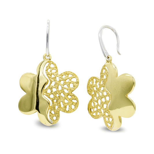 Pendientes Bicolor Largos Flor Cierre Gancho 18K