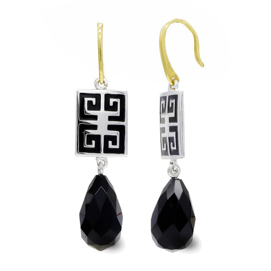 Pendientes Bicolor Onix Pera Cierre Gancho 18K