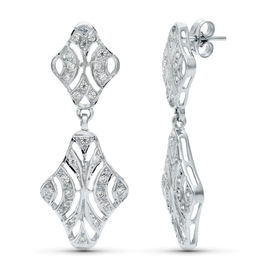 18K PENDIENTES ORO BLANCO DOBLE CUERPO JUEGO NOVIA CIRCONITA 40X15 MM PRESION