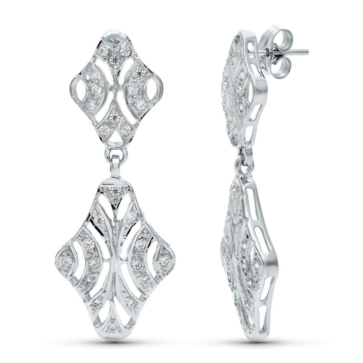 Pendientes Doble Cuerpo Juego Novia Circonita 40 x 15 mm presión de oro blanco 18K
