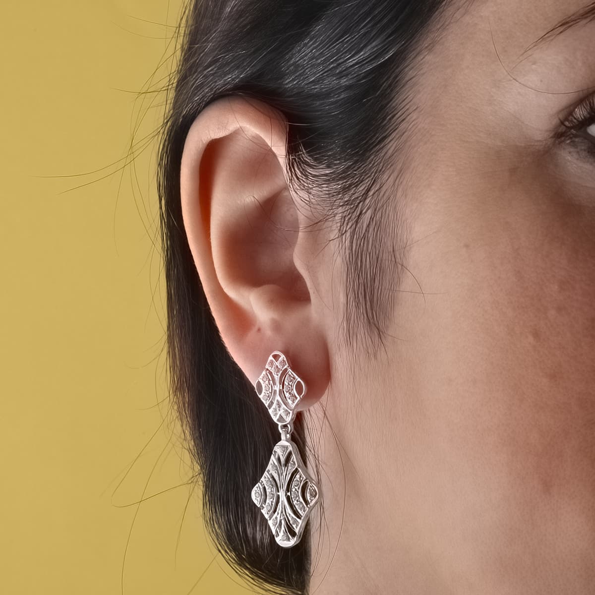Pendientes Doble Cuerpo Juego Novia Circonita 40 x 15 mm presión de oro blanco 18K