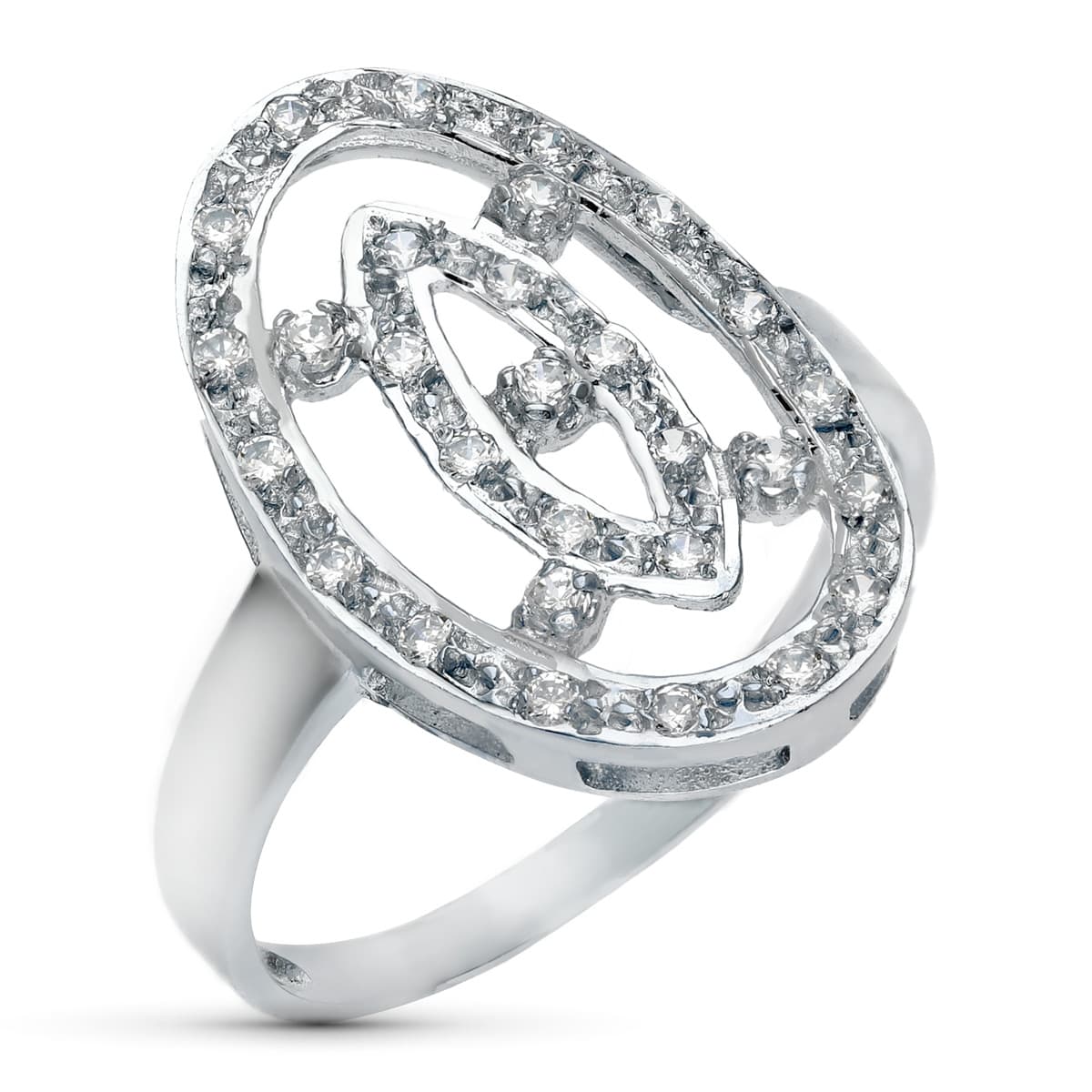 Sortija Motivo Lanzadera 21 x 14 mm con Circonitas. Ancho: 21 mm de oro blanco 18K