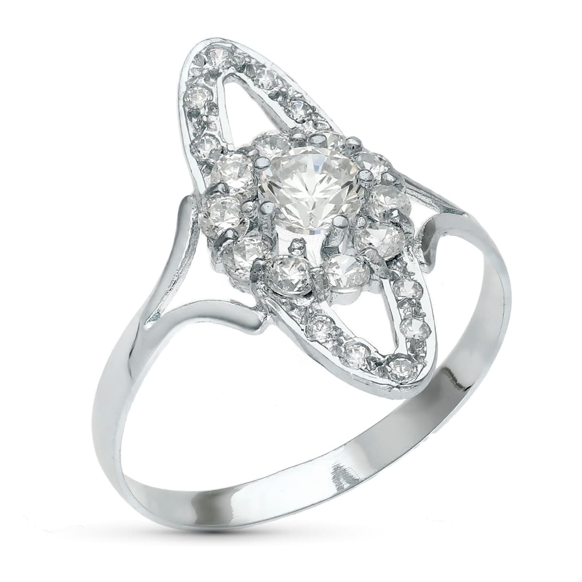 Sortija Motivo Calado 20 x 9 mm con Circonitas. Ancho: 20 mm de oro blanco 18K