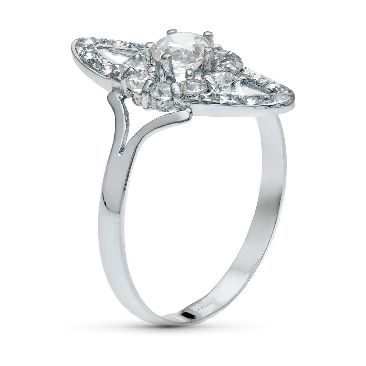 Sortija Motivo Calado 20 x 9 mm con Circonitas. Ancho: 20 mm de oro blanco 18K