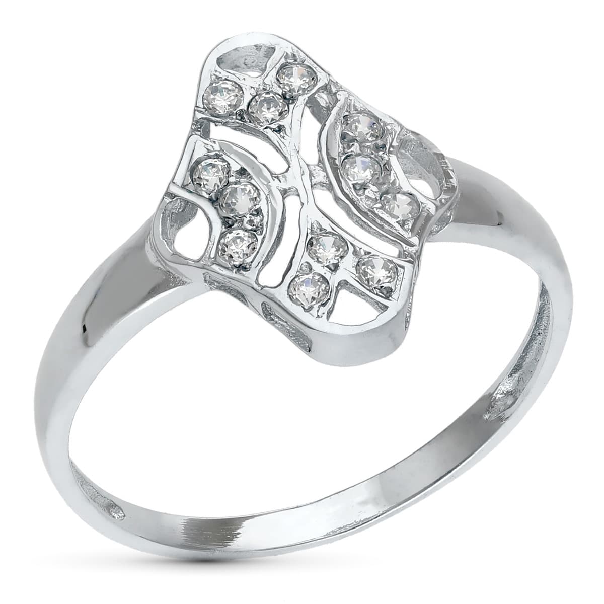 Sortija Motivo Calado Rombo 15 x 10 mm con Circonitas. Ancho: 15 mm de oro blanco 18K