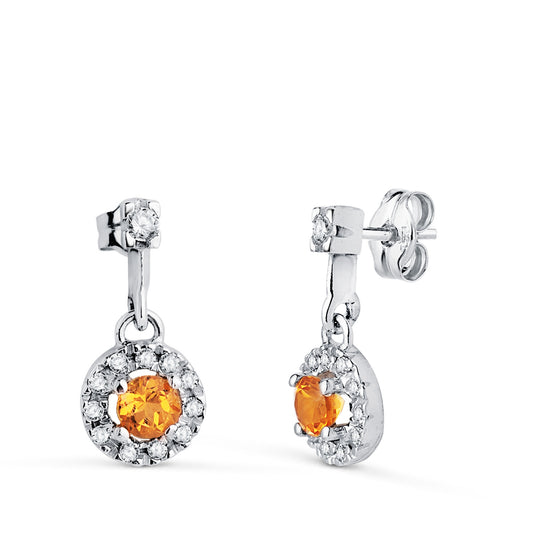 Pendientes Dos Cuerpos con Circonitas y Citrino. 14,5 x 7 mm. de oro blanco 18K