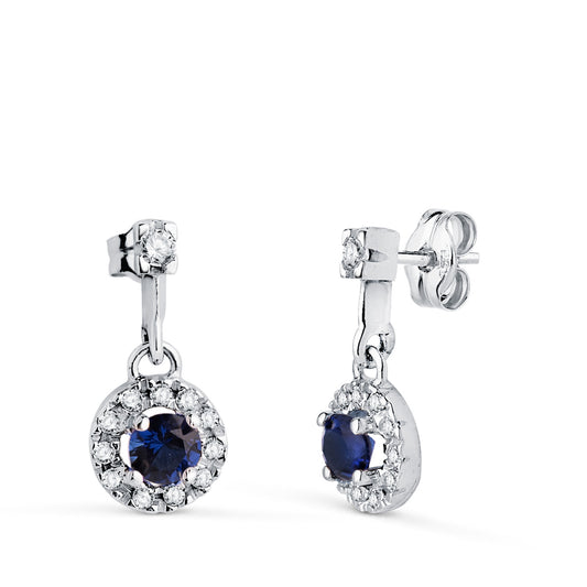 Pendientes Dos Cuerpos con Circonitas y Zafiro. 14,5 x 7 mm. de oro blanco 18K