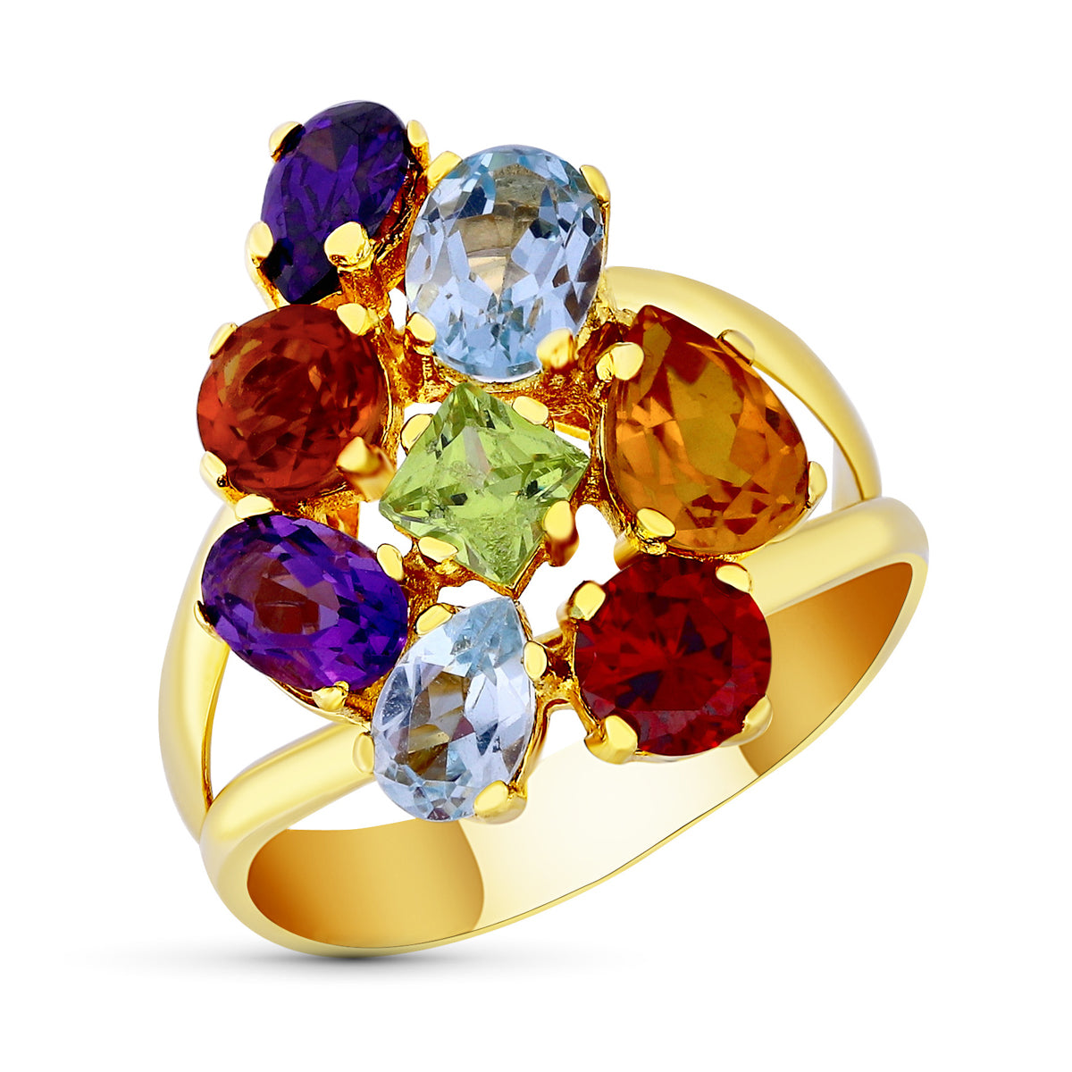 Sortija con Circonitas de Colores. Ancho: 20 mm de oro amarillo 18K